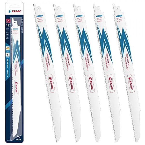 Hoja de sierra alternante EZARC Hojas de sierra de sable de cobalto bimetálicas para demolición de madera y metal 12 pulgadas 8+10TPI R1230DM (paquete de 5)