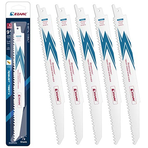 Hojas de sierra de sable EZARC de 9 pulgadas, hojas de sierra de sable bimetálicas de cobalto para demolición de madera y metal 5+8TPI R936DV (paquete de 5)