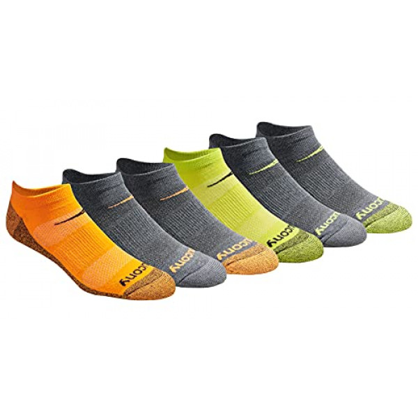 Saucony - Calcetines invisibles para hombre, paquete múltiple, malla, ventilación, ajuste cómodo, amarillo, naranja, carbón, surtido (6 pares), talla de zapato: 8-12