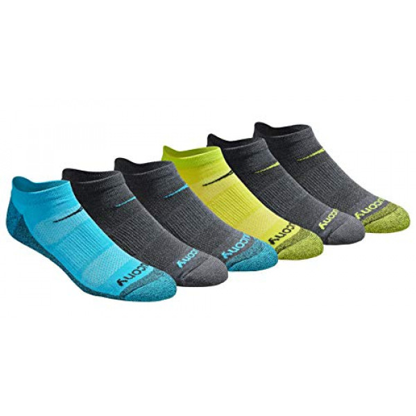 Saucony - Calcetines invisibles para hombre, paquete múltiple, malla, ventilación, ajuste cómodo, amarillo, azul, carbón, surtido (6 pares), talla de zapato: 8-12