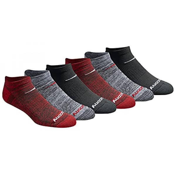 Saucony - Calcetines invisibles para hombre, paquete múltiple de malla, ventilación, ajuste cómodo, rendimiento, negro, rojo surtido (6 pares), talla de zapato: 8-12