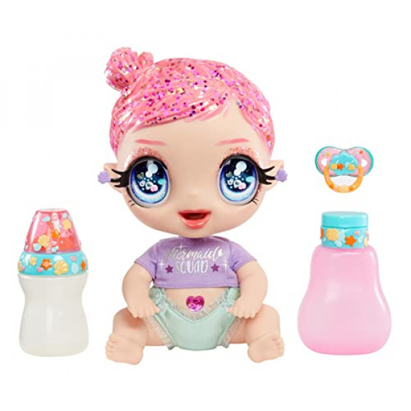 MGA'S Glitter Babyz™ Marina Finley Baby Doll con 3 cambios de color mágicos, pelo rosa con purpurina, traje de escuadrón de sirena, pañal, biberón, accesorios para chupete, regalo para niños, juguete para niñas y niños de 3 4 5 años en adelante