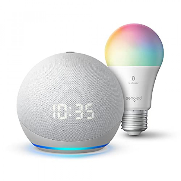 Echo Dot (4.ª generación) con reloj | Blanco Glaciar con bombilla Sengled Bluetooth Color | Kit de inicio de hogar inteligente Alexa