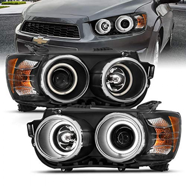 AmeriLite para 2012-2016 Chevy Sonic Clear Black Xterme LED Halo Rings proyector faros delanteros de repuesto par - lado del pasajero y del conductor