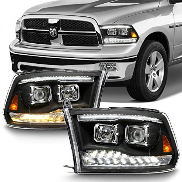ACANII - Para 2009-2018 Dodge Ram 1500 10-18 2500 3500 Negro LED Señal DRL Proyector dual Faros delanteros Conjunto
