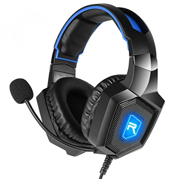 Auriculares para juegos con micrófono, auriculares para juegos para PS4 PS5 Xbox One PC con luces LED, auriculares Playstation con reducción de ruido 7.1 sonido envolvente sobre la oreja y conector de 3,5 mm con cable (azul)