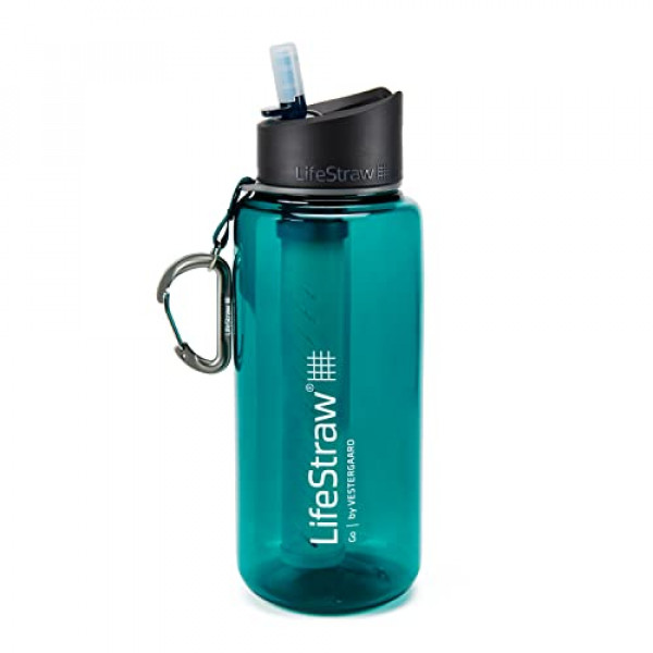 Botellas de filtro de agua LifeStraw Go con pajita de filtro integrado de 2 etapas para caminatas, mochileros y viajes, 1L; Verde azulado 1L
