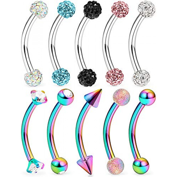 Lcolyoli - 10 anillos de acero inoxidable de 16 G para piercing de cejas con diamante transparente CZ curvo con barra, arete de torre, piercing para el cuerpo, joyería para mujeres, hombres, tono plateado, arcoíris, 0.394 in