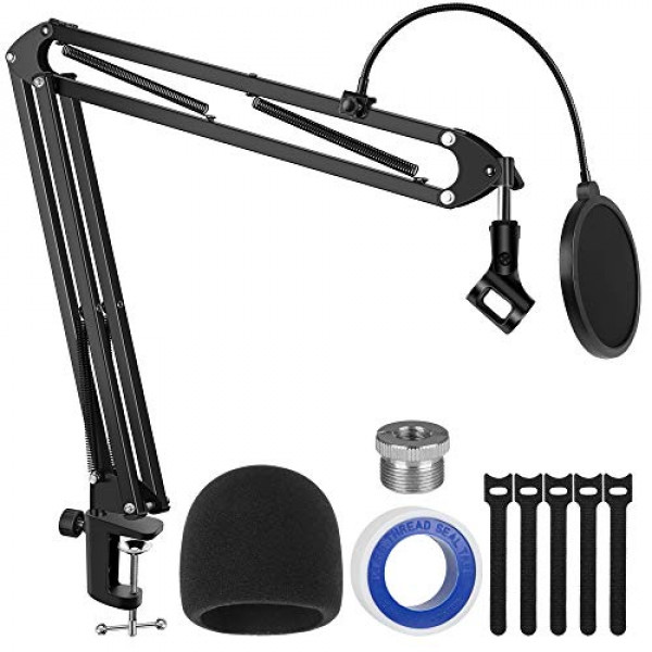 Soporte de micrófono InnoGear, soporte de micrófono mejorado, carga máxima de 4,0 lb, soporte de brazo de tijera con pantalla antiviento, filtro pop, adaptador de tornillo de 3/8 a 5/8, clip de micrófono y bridas para cables para Blue Yeti y otros micró
