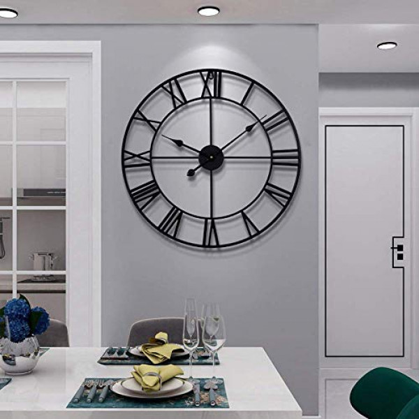 Relojes de pared de metal grandes y modernos de 40 cm, redondos, casi silenciosos, pequeños tictac, reloj de números romanos negros al aire libre para cocina, sala de estar, decoración de pared de dormitorio