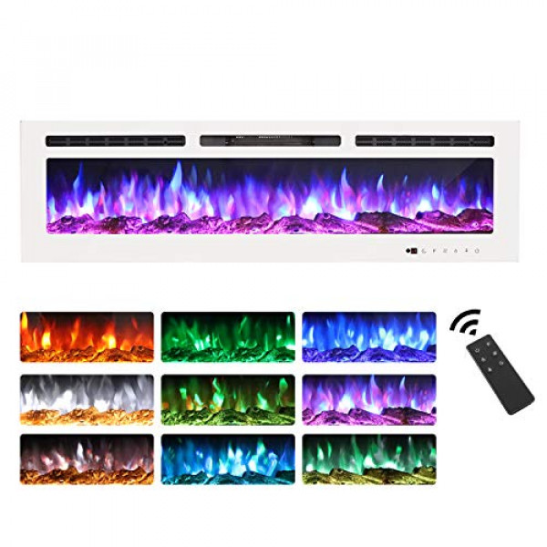 Maxhonor - Chimenea eléctrica para montar en la pared, panel de vidrio con pantalla táctil o control remoto, 1500/750 W (blanco, 60 pulgadas)