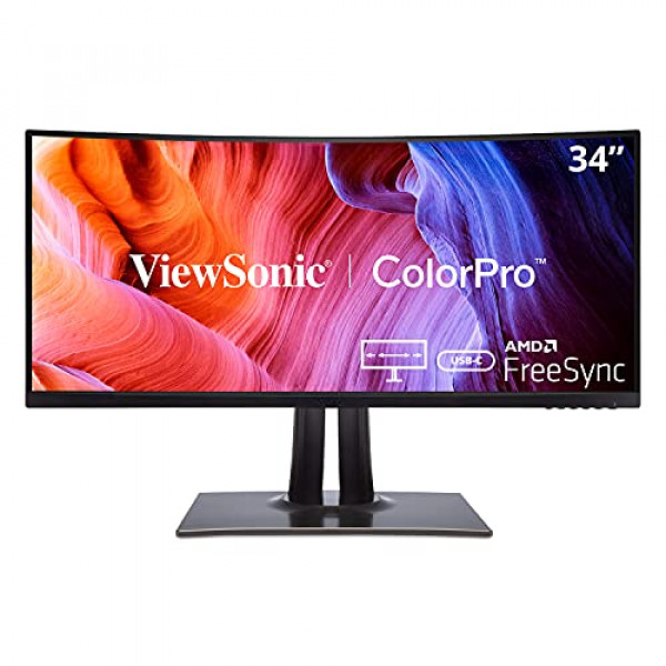 ViewSonic VP3481a Monitor USB C curvo WQHD+ ultraancho de 34 pulgadas con FreeSync, 100 Hz, ColorPro 100 % sRGB Rec 709, LUT 3D de 14 bits, Eye Care, USB C de 90 W, HDMI, DisplayPort para el hogar y la oficina