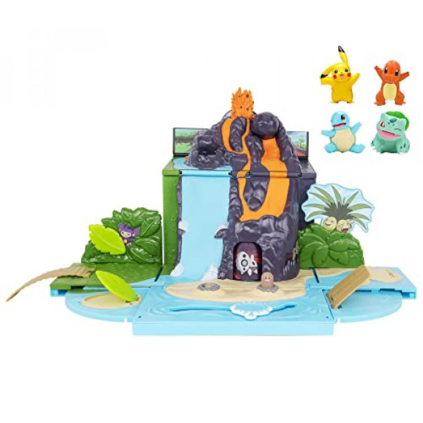 Pokemon Carry 'N' Go Volcano Playset con 4 Pikachu, Charmander, Bulbasaur y Squirtle incluidos de 2 pulgadas - Llévalo a todas partes - Juegos para niños y fanáticos de Pokémon - Exclusivo de Amazon
