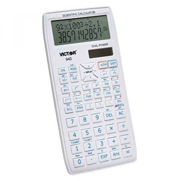 Victor 940 Calculadora científica avanzada de 10 dígitos con pantalla de 2 líneas, batería y pantalla LCD con energía solar híbrida, ideal para estudiantes y profesionales, color blanco
