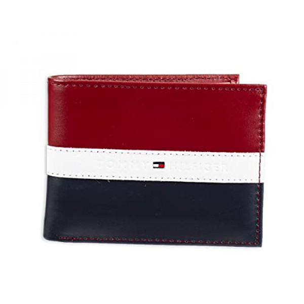 Tommy Hilfiger - Cartera de piel para hombre, con bloqueo RFID, delgada, plegable, con tarjetero extraíble y caja de regalo, rojo/azul marino