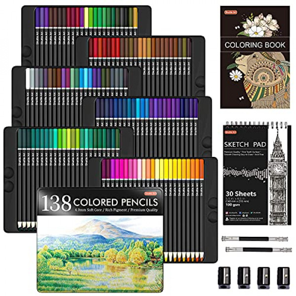 Lápices de colores profesionales de 138 colores, juego de lápices de colores de núcleo suave de Shuttle Art con 1 libro para colorear, 1 bloc de dibujo, 4 sacapuntas, 2 extensores de lápiz, perfecto para artistas, niños, adultos, colorear, dibujar