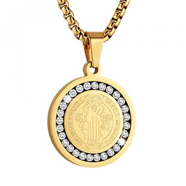 HZMAN St. Benedict exorcismo collar de acero inoxidable circón oro plata católica cruz colgante para hombres mujeres joyería regalo (oro)