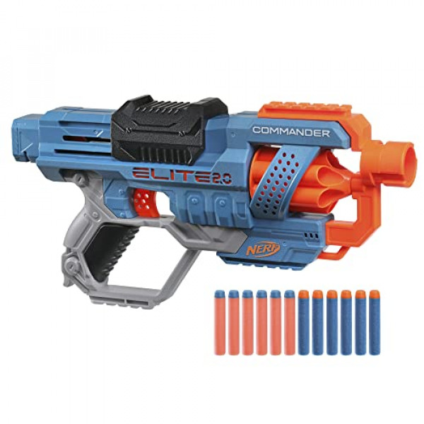 NERF Elite 2.0 Commander RD-6 Blaster, 12 dardos oficiales, tambor giratorio de 6 dardos, rieles tácticos, barril y puntos de fijación de stock