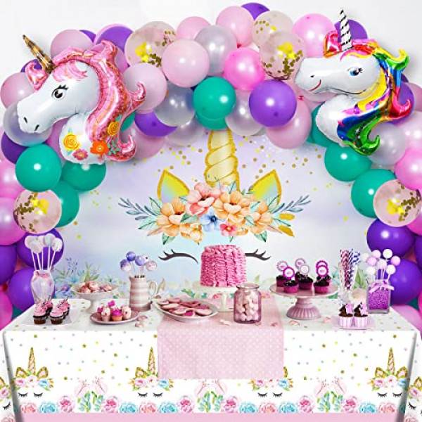 Juego de decoraciones para fiesta de cumpleaños de unicornio Suministros de feliz cumpleaños de unicornio Incluye fondo de acuarela de unicornio, manteles, globos de látex y globos de aluminio de unicornio para decoración de fiesta