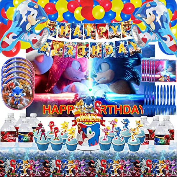 130 piezas de suministros para fiestas de cumpleaños de Sonic, decoraciones para fiestas que incluyen pancarta, telón de fondo, mantel, etiquetas para botellas, adornos para cupcakes, adornos para pasteles, globos de aluminio, globos, platos, tenedores, s