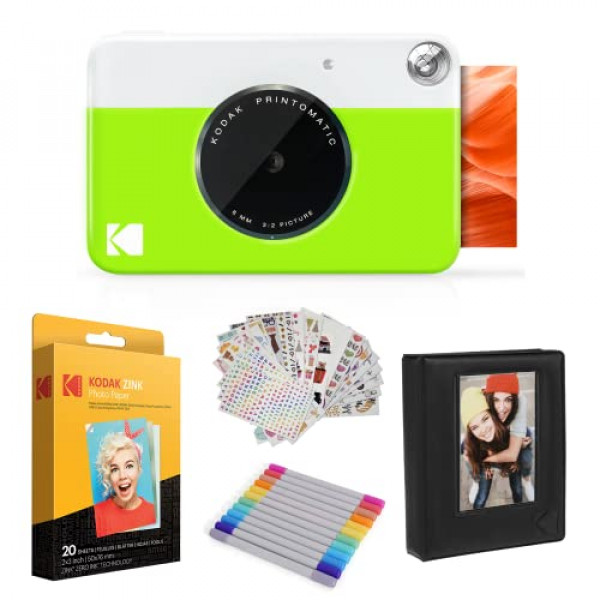 Paquete de regalo de cámara instantánea Kodak Printomatic (verde) + papel Zink (20 hojas) + estuche de lujo + 7 divertidos juegos de pegatinas + marcadores de doble punta + álbum de fotos.