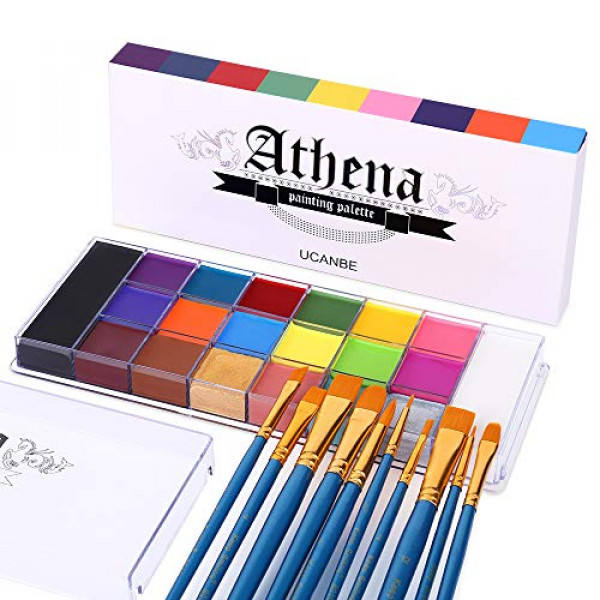 UCANBE Face Body Paint Set-Athena Painting Palette, 10 Professional Artist Brush, Large Deep Pan Ideal para Halloween Cosplay Party SFX Arty Stage Makeup