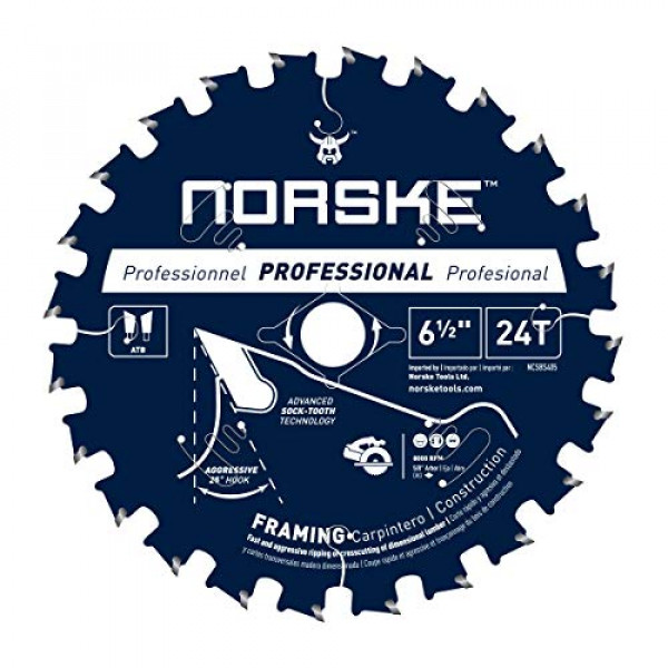 Norske Tools NCSBS405 6-1/2 pulgadas 24T hoja de sierra circular de diente de calcetín para enmarcar 5/8 pulgadas de diámetro interior con corte de diamante perforado con láser para productos laminados, cubiertas y cercas, madera para enmarcar, montantes 