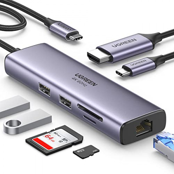 UGREEN USB C Hub 4K a 60 Hz, adaptador multipuerto USB a HDMI, concentrador USB 7 en 1 para portátil, Ethernet de 1 Gbps, PD de 100 W, lector de tarjetas SD/TF, 2 puertos USB 3.0, estación de acoplamiento compatible con MacBook M1, M2, iPad