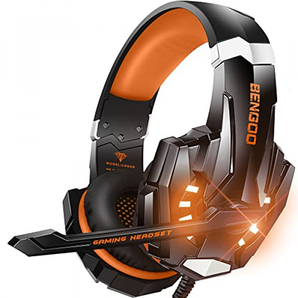 BENGOO G9000 Auriculares estéreo para juegos para PS4, PC, controlador Xbox One, auriculares con cancelación de ruido sobre la oreja con micrófono, luz LED, envolvente de graves, orejeras de memoria suave (naranja)