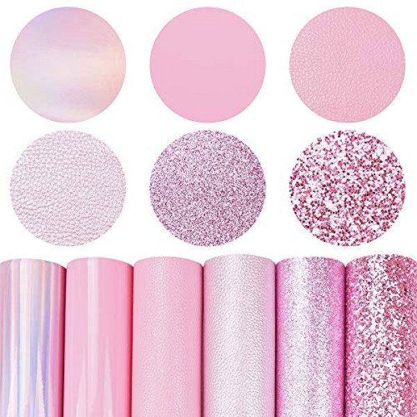 6 piezas/juego 8x12 pulgadas (21 cm x 30 cm) A4 Paquete de hojas de cuero Mixed Pink Series Holographic Sparkle Fine Chunky Glitter Metallic Litchi Tela de cuero sintético para hacer aretes de lazo DIY Craft