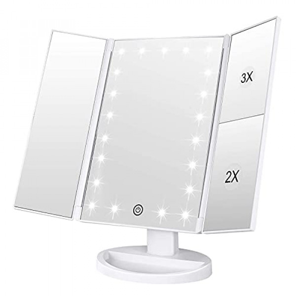 WEILY Espejo de maquillaje con 21 luces LED, dos fuentes de alimentación, pantalla táctil y aumento de 1x/2x/3x, espejo de vanidad triple, regalo para mujeres (blanco)