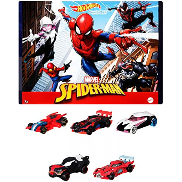Hot Wheels Marvel Spider-Man Character Cars 5-Pack de vehículos a escala 1:64, incluye Spider-Man, Spider-Man en Proto-Suit, Miles Morales, Spider-Gwen y Venom, regalo coleccionable [exclusivo de Amazon]