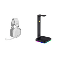 Corsair HS80 RGB Wireless Premium Gaming Headset con Dolby Atmos Audio (baja latencia, micrófono omnidireccional, alcance de 60 pies, hasta 20 horas de duración de la batería) Blanco y soporte para auriculares ST100 RGB Premium
