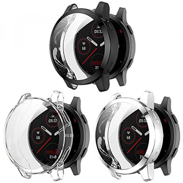 FitTurn - Funda protectora de pantalla compatible con Garmin Venu 2 y Vivoactive 4 Watch TPU Slim Case Cover [marco de color de metal chapado] [cobertura completa 3D] carcasa protectora para reloj Venu 2 (negro, transparente, plateado)