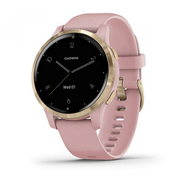 Garmin 010-02172-31 Vivoactive 4S, reloj inteligente GPS de tamaño más pequeño, cuenta con música, monitoreo de energía corporal, entrenamientos animados, sensores de pulso y más, dorado claro con banda rosa claro