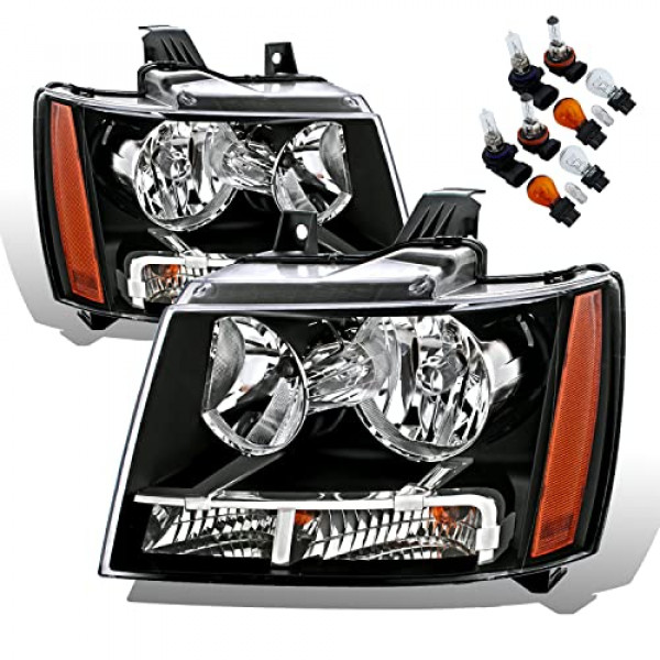 AmeriLite - Par de faros delanteros negros con bombillas y arnés de repuesto para Chevy Tahoe Suburban Avalanche - lado del conductor y del pasajero