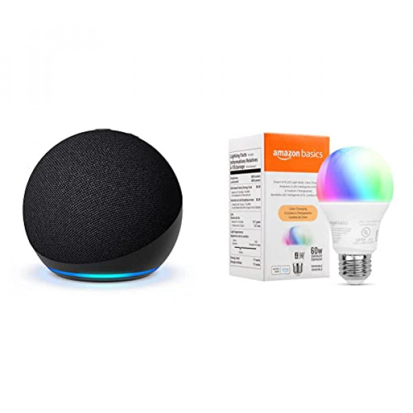 Echo Dot (5.ª generación) Carbón | con bombilla de color inteligente Amazon Basics
