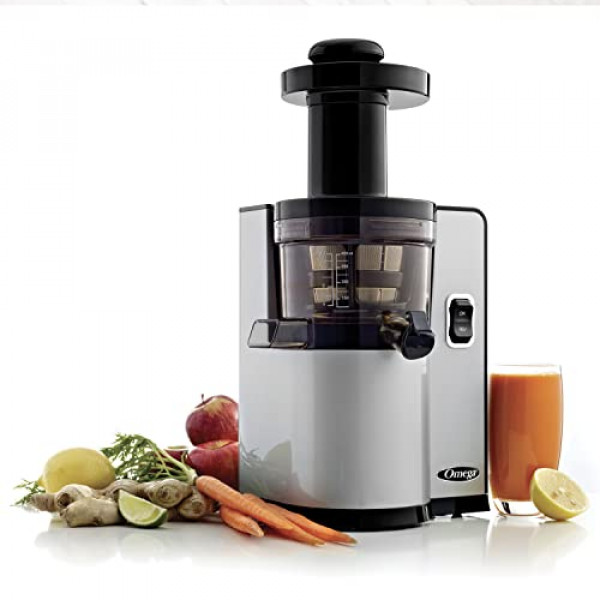 Omega VSJ843QS Juicer Vertical Slow Masticating Juice Extractor 43 RPM Diseño compacto con eyección automática de pulpa, 150 vatios, plateado