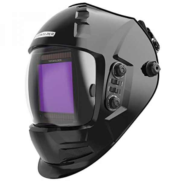 YESWELDER Pantalla de visualización grande Color verdadero Energía solar Casco de soldadura con oscurecimiento automático, lente hemisférica, sensor de 4 arcos Sombra ancha 4~5/9-9/13 para máscara de soldador de molienda de soldadura por arco TIG MIG