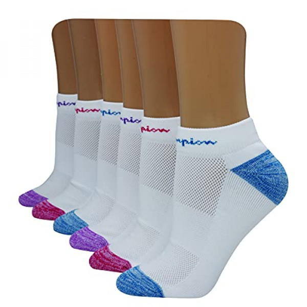 Champion No Show Performance Calcetines para mujer, paquetes de 6 y 12 pares disponibles, blanco/morado/verde azulado/frambuesa, 9-11