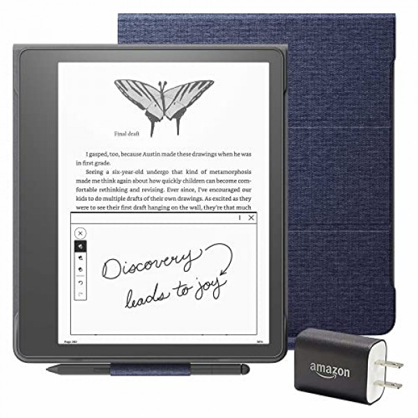 Paquete Kindle Scribe Essentials que incluye Kindle Scribe (32 GB), bolígrafo Premium, cubierta tipo libro de tela - Denim y adaptador de corriente