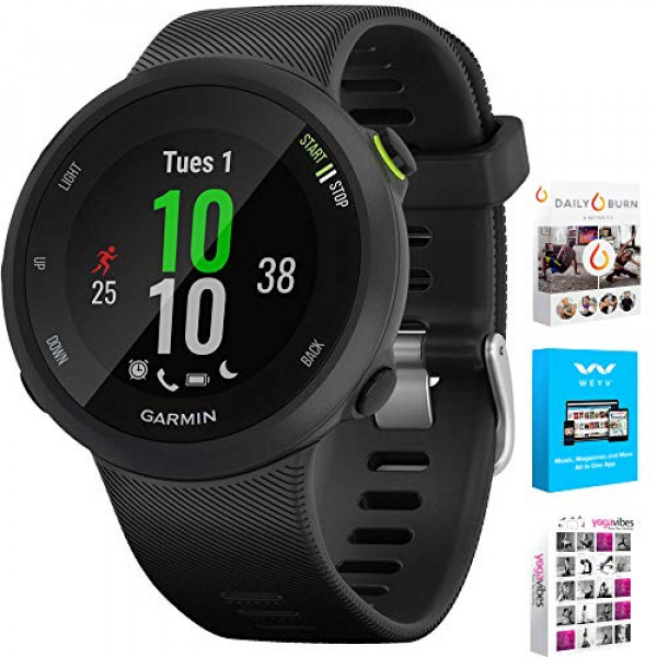 Garmin 010-N2156-05 Forerunner 45 GPS Monitor de frecuencia cardíaca Running Smartwatch (Negro) - (Renovado) Paquete con Fitness & Wellness Suite (WEYV, Yoga Vibes, Daily Burn)