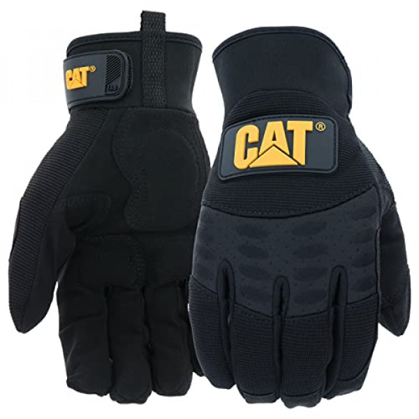 Cat® CAT012211L Guantes utilitarios con palma acolchada: negros, grandes, resistentes al agua Guantes de cuero sintético para mecánicos con puños ajustables