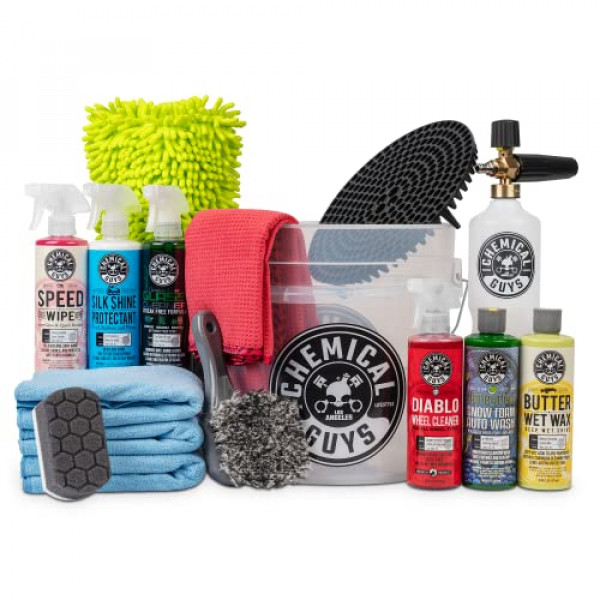 Chemical Guys HOL169 Kit de lavado de autos Arsenal Builder de 16 piezas con cañón de espuma, balde y (6) productos químicos de limpieza para el cuidado del auto de 16 oz (funciona con lavadoras a presión)