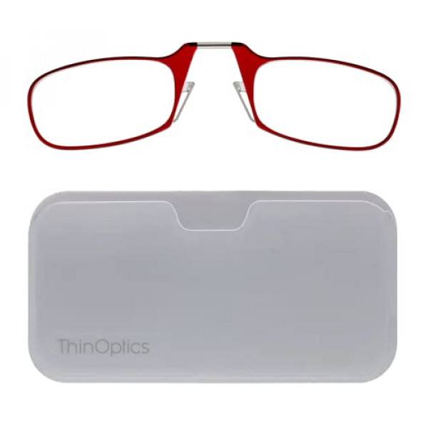 Gafas de lectura ThinOptics + Estuche para cápsula universal blanco | Marcos rojos, lectores de fuerza 1.00 Marcos rojos / estuche blanco, 44 ​​mm