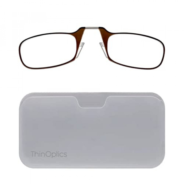 Gafas de lectura ThinOptics + Estuche para cápsula universal blanco | Marcos marrones, lectores de fuerza 1.00 Marcos marrones/estuche blanco, 44 ​​mm