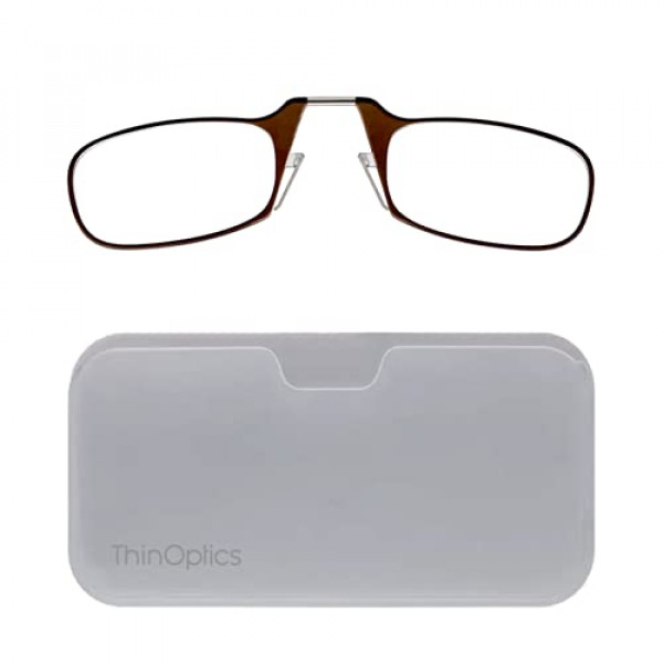Gafas de lectura ThinOptics + Estuche para cápsula universal blanco | Marcos marrones, lectores de fuerza 1.00 Marcos marrones/estuche blanco, 44 ​​mm