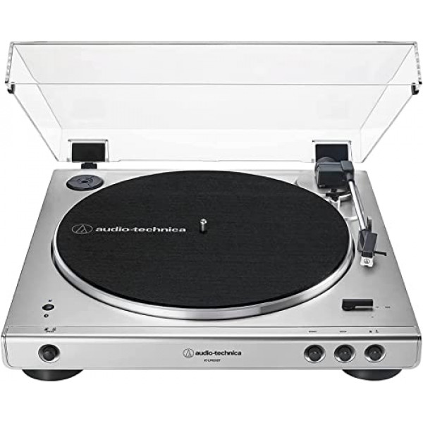 Audio-Technica AT-LP60XBT-SV Tocadiscos estéreo con transmisión por correa Bluetooth totalmente automático, plateado, Hi-Fi, 2 velocidades, cubierta antipolvo, antirresonancia, plato de aluminio fundido a presión