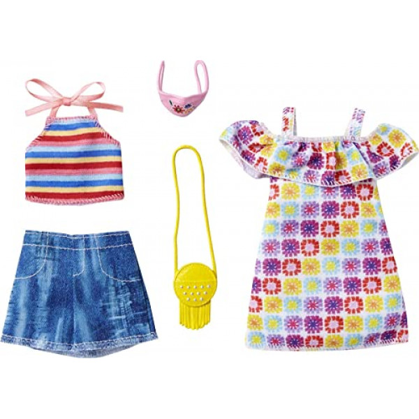 Barbie Fashions - Juego de ropa de 2 unidades, 2 atuendos para muñeca Barbie, incluye vestido veraniego con estampado de hombros descubiertos, camiseta halter a rayas y pantalones cortos de mezclilla y 2 accesorios, regalo para niños de 3 a 8 años