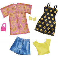 Barbie Fashions paquete de 2, 2 atuendos y 2 accesorios: camisa, pantalones cortos y kimono, vestido de girasol sin mangas, cartera y anteojos de sol, niños de 3 años en adelante